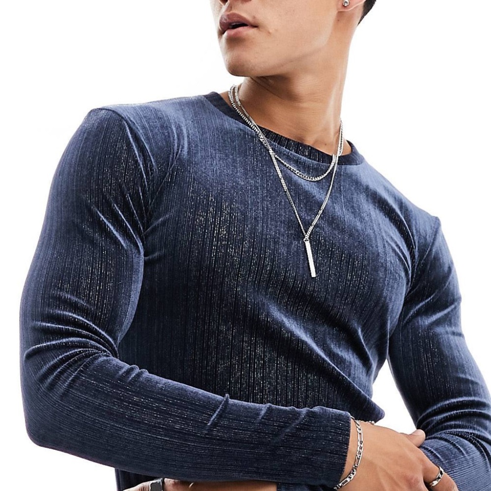ASOS DESIGN Velour Glitter Muscle Fit Long Sleeve Tshirt in BLUE